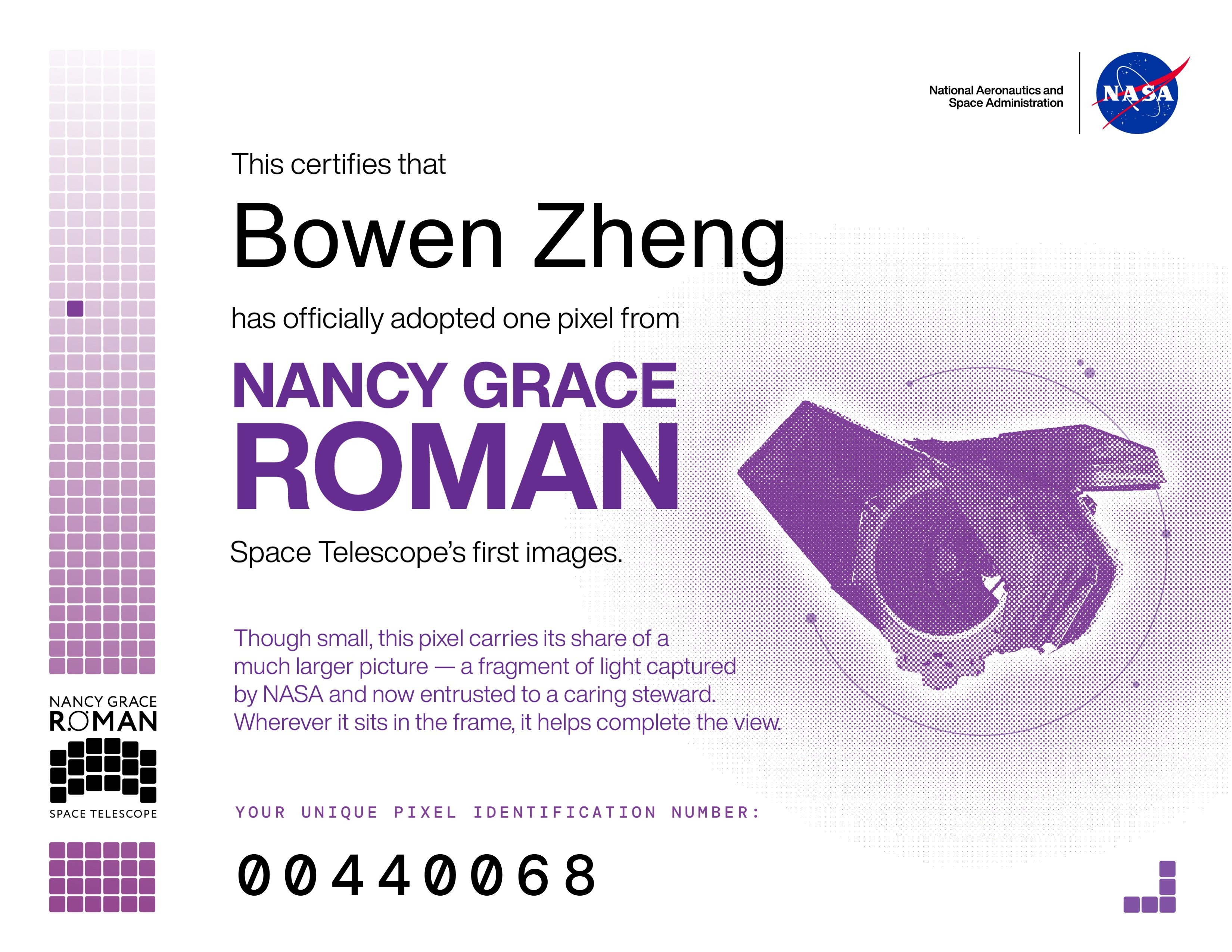 NASA Roman pixel adoption certificate for Bowen Zheng, unique pixel identification number 00440068.